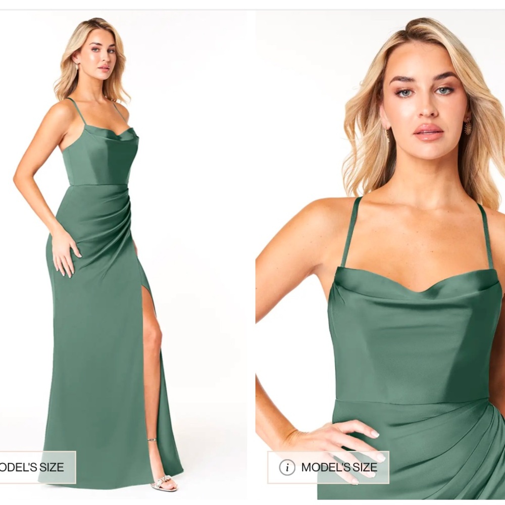 Azazie Marzia Eucalyptus Sheath Cowl Pleated Stretch Satin Dress,A6, Bridesmaid